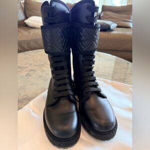 FENDI Black Leather Logo Biker Combat Boots